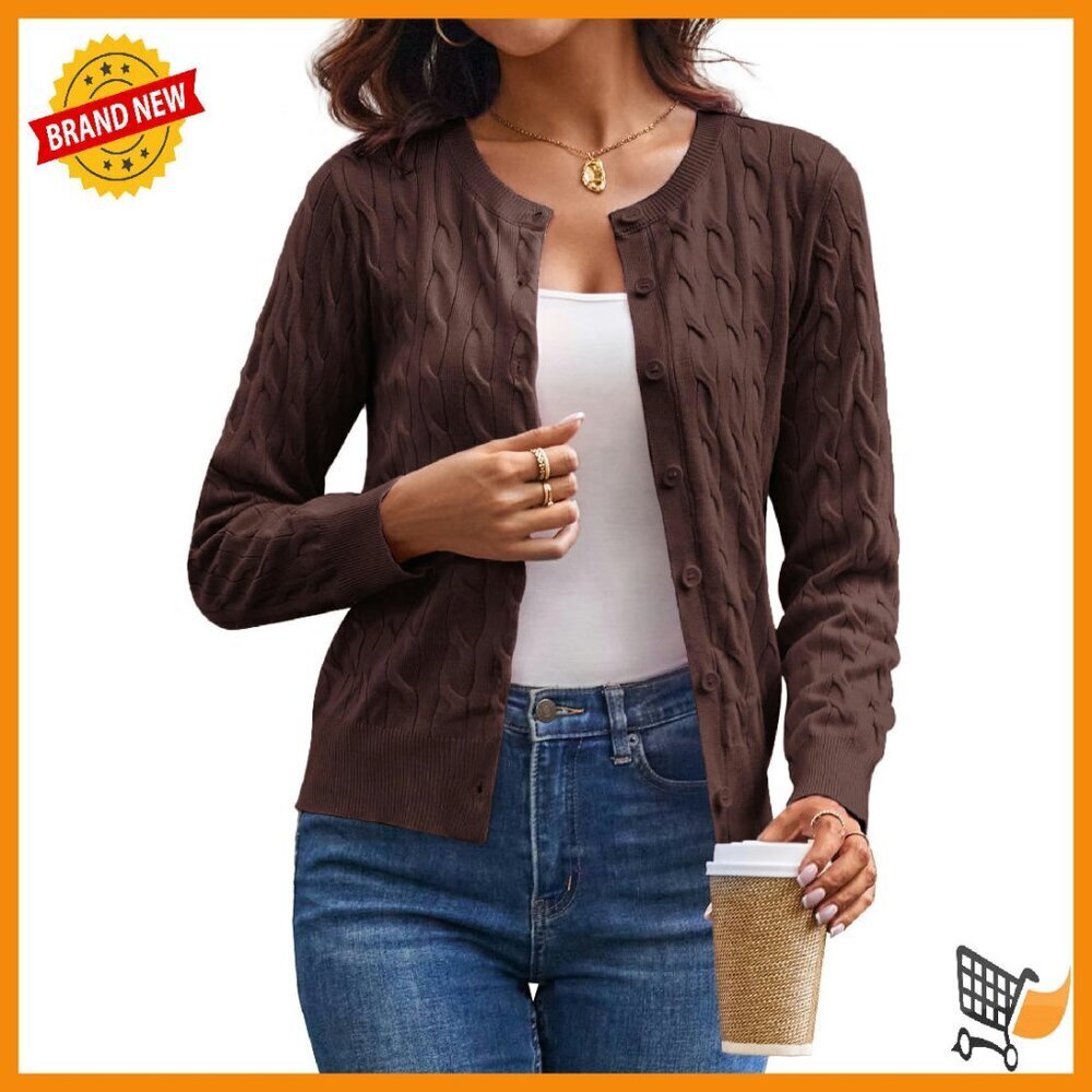 Lightweight Cable Knit Cardigan, Long Sleeve Button Up, Cropped Fit